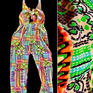Vibrant pattern halter Jumpsuit Green Orange M